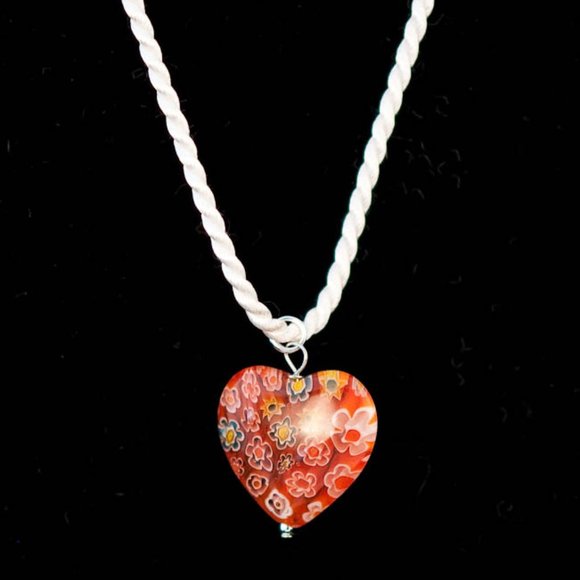 Glass Heart Necklace on White Silk cord - Picture 1 of 2